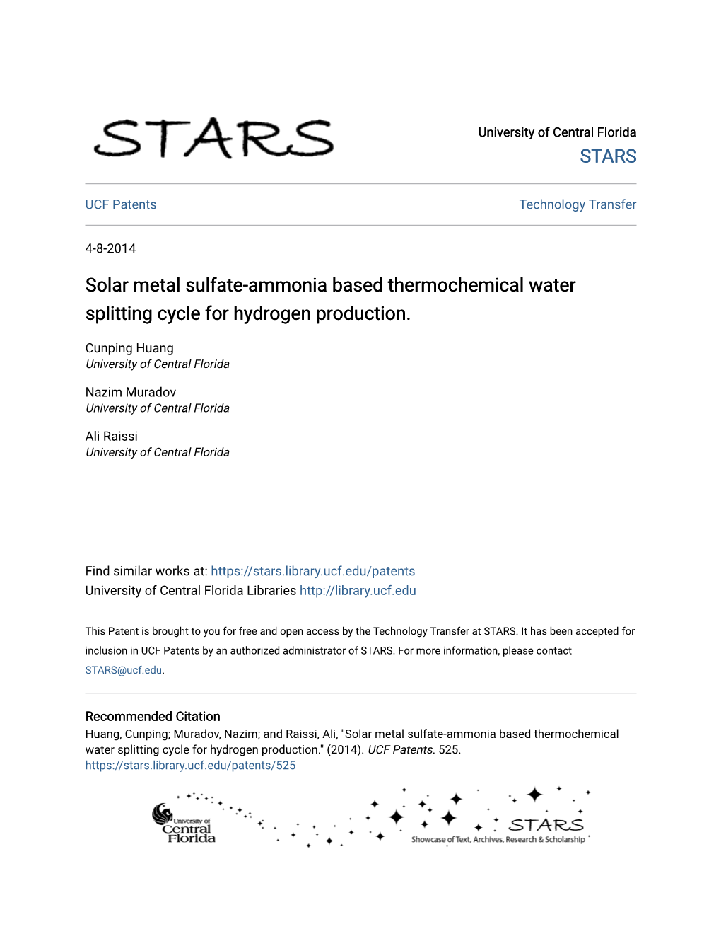 Solar Metal Sulfate-Ammonia Based Thermochemical Water Splitting Cycle for Hydrogen Production