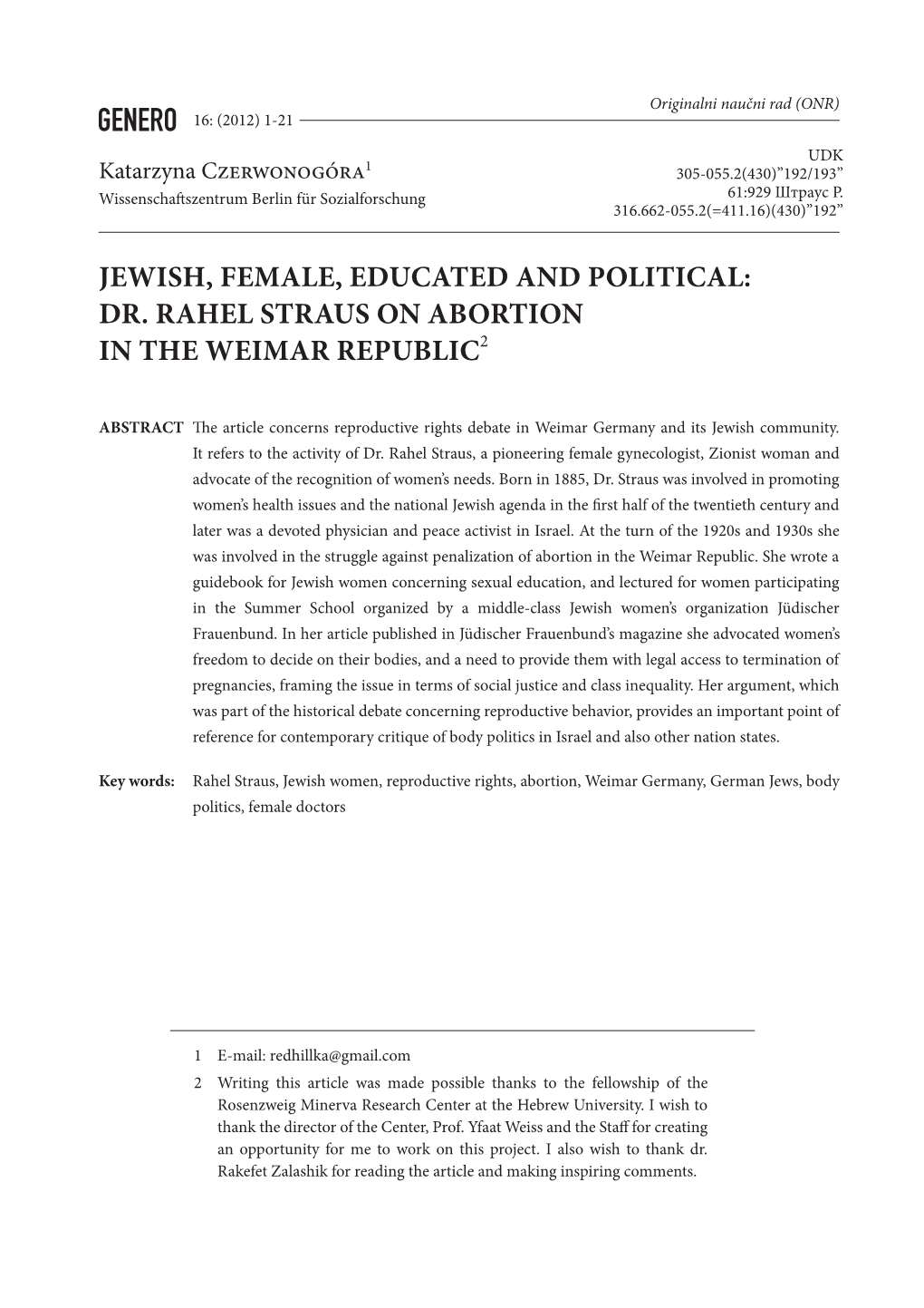 Jewish, Female, Educated and Political: Dr. Rahel Straus on Abortion in the Weimar Republic2