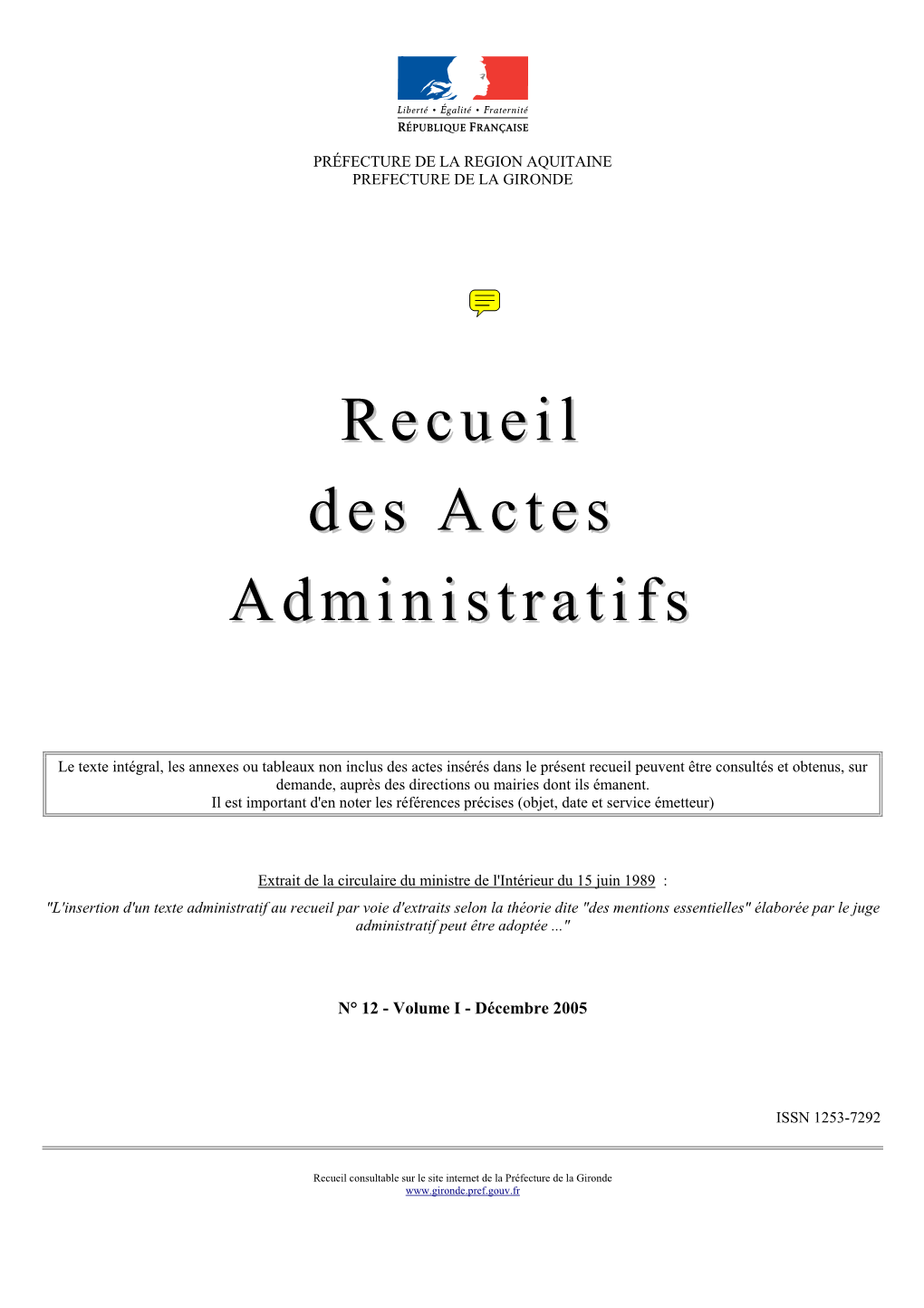 Recueil Des Actes Administratifs N° 12 - Volume I - Décembre 2005 – Page 2