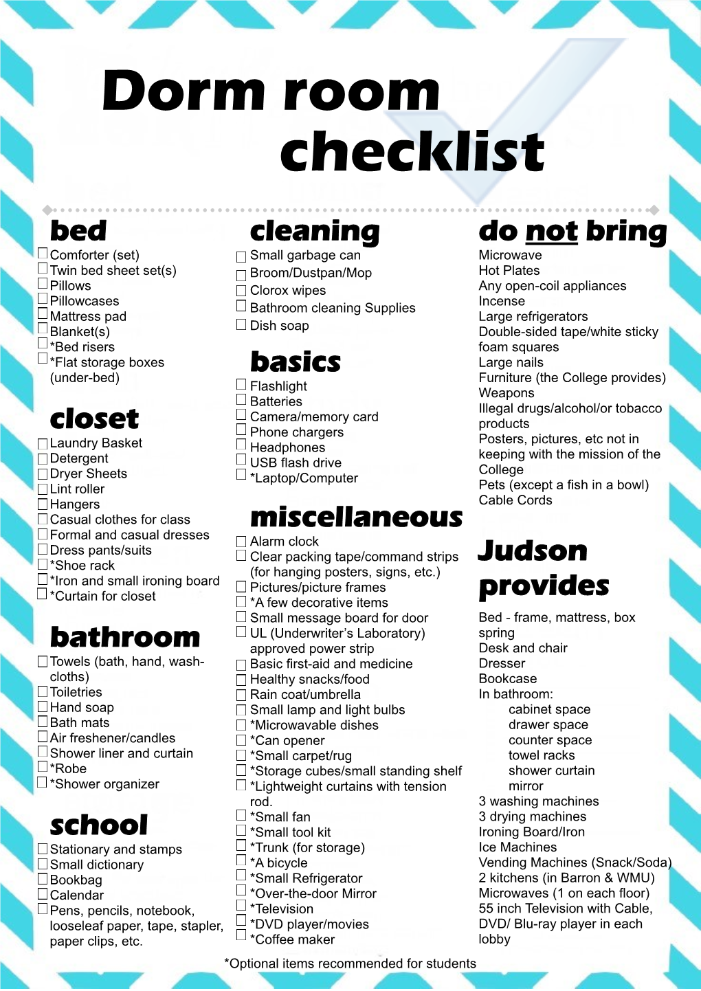 Dorm Room Checklist