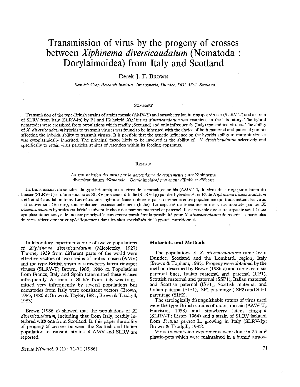 Transmission of Virus by the Progeny of Crosses Between Xiphinema Diversicaudatum