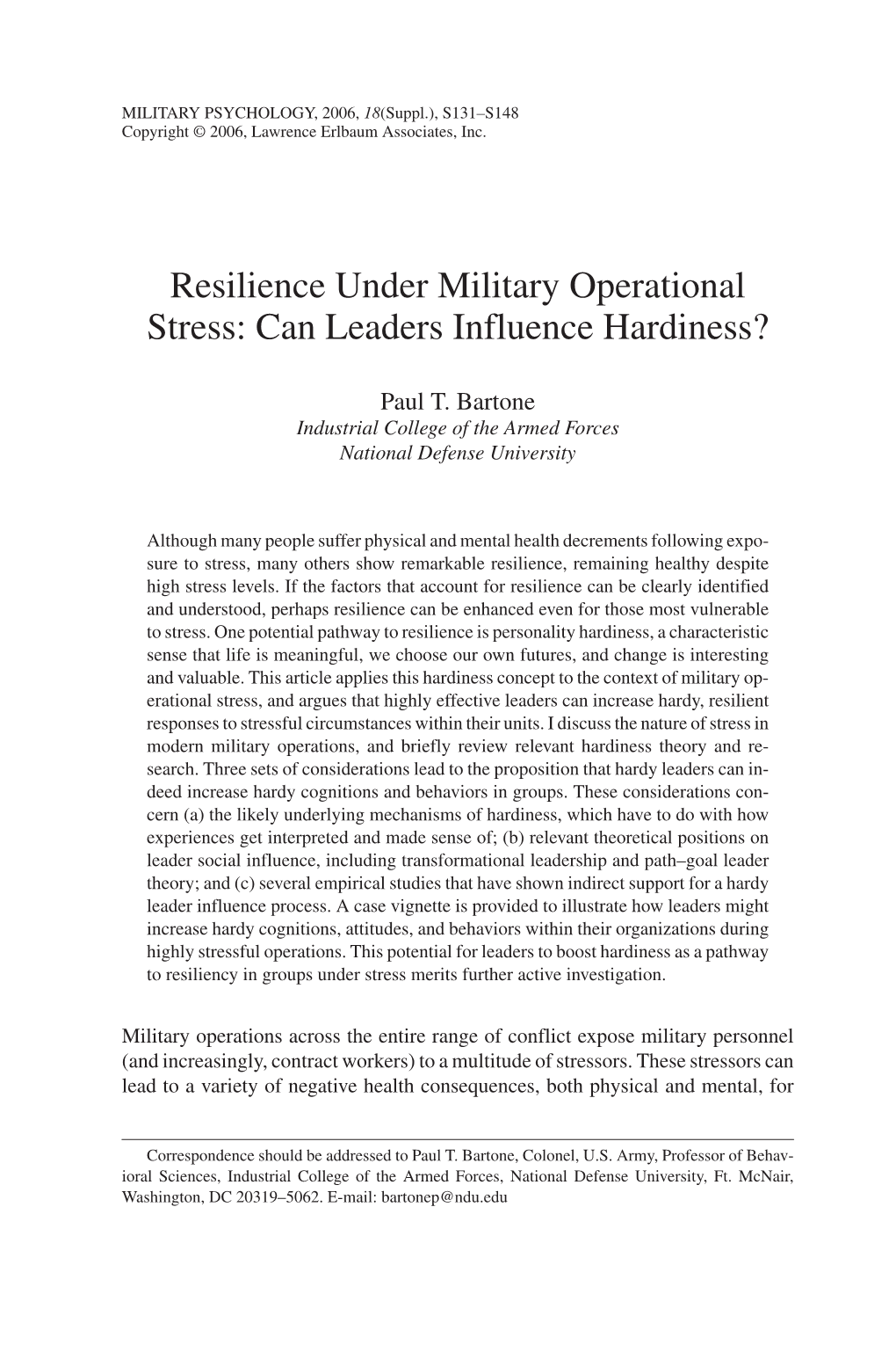 Resilience Under Military Operational Stress: Can Leaders Influence Hardiness?