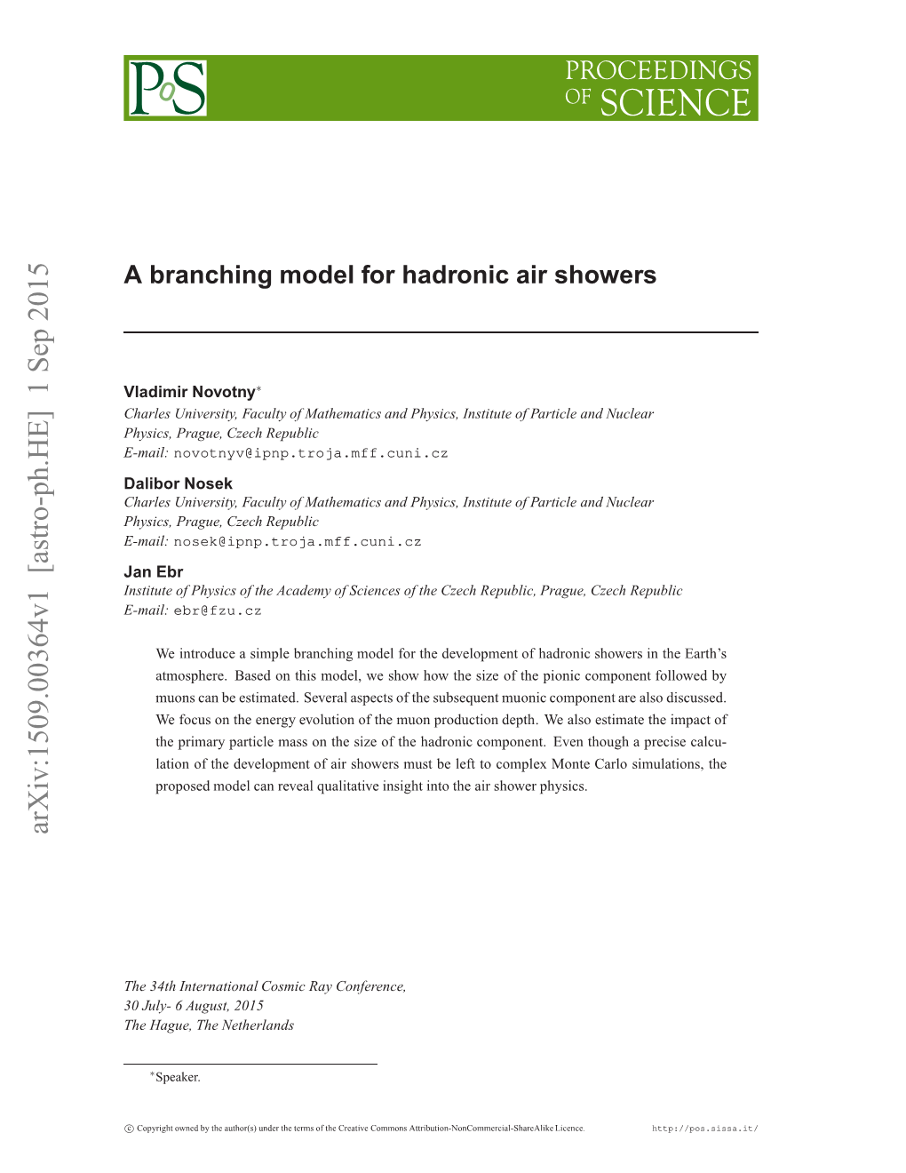 A Branching Model for Hadronic Air Showers Vladimir Novotny