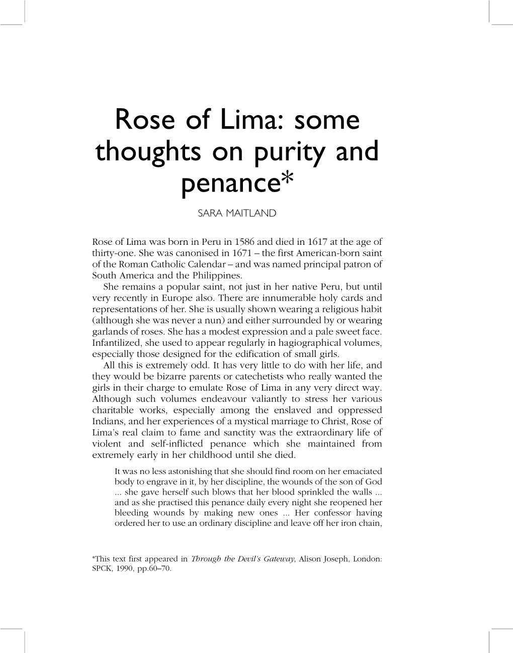 Rose of Lima: Some Thoughts on Purity and Penance*