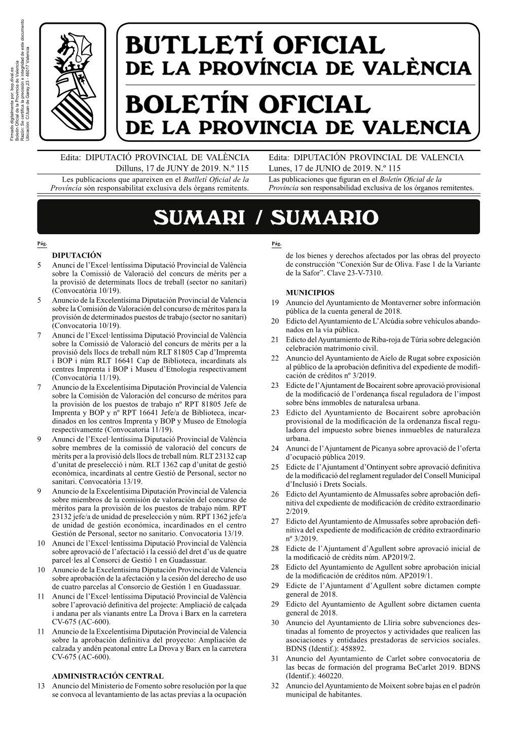 Edita: DIPUTACIÓ PROVINCIAL DE VALÈNCIA Edita: DIPUTACIÓN PROVINCIAL DE VALENCIA Dilluns, 17 De JUNY De 2019