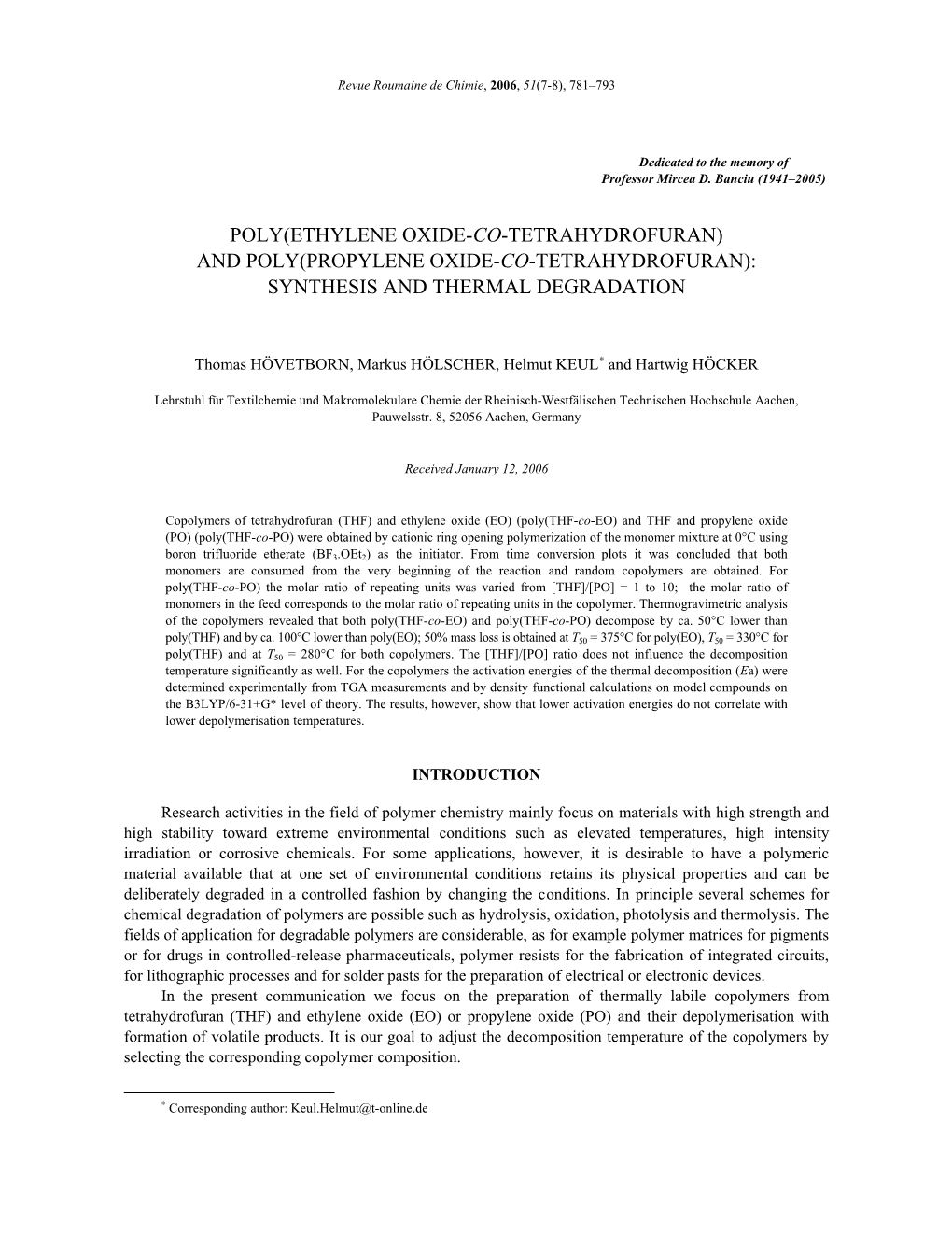 Poly(Ethylene Oxide-Co-Tetrahydrofuran) and Poly(Propylene Oxide-Co-Tetrahydrofuran): Synthesis and Thermal Degradation