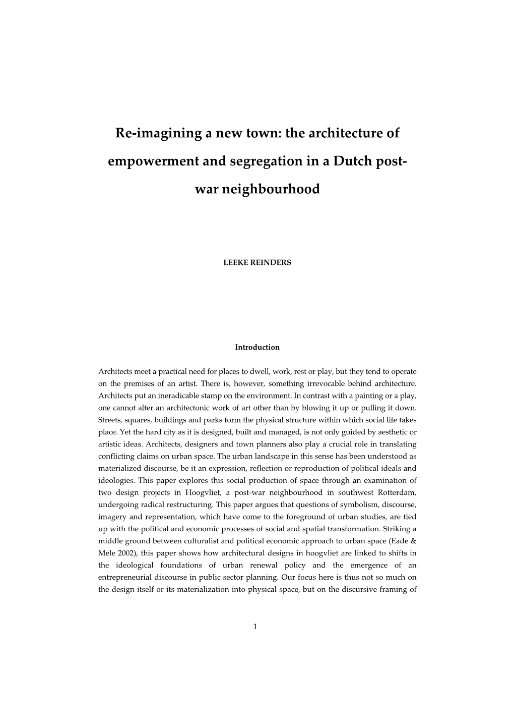 Discourses of Identity and Representation in the Regeneration