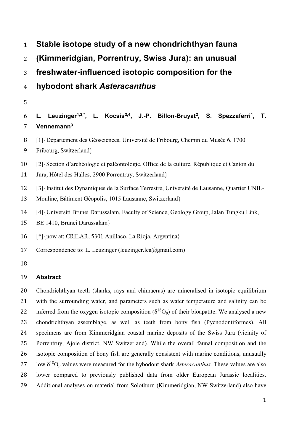 Stable Isotope Study of a New Chondrichthyan Fauna (Kimmeridgian, Porrentruy, Swiss Jura): an Unusual Freshwater-Influenced Isot