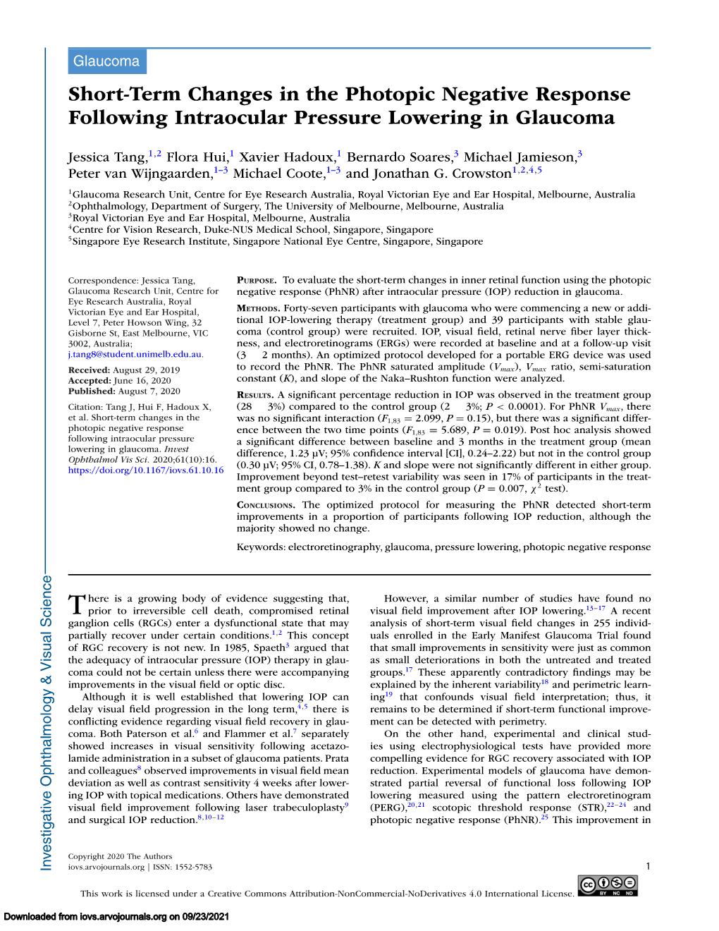 Short-Term Changes in the Photopic Negative Response Following Intraocular Pressure Lowering in Glaucoma