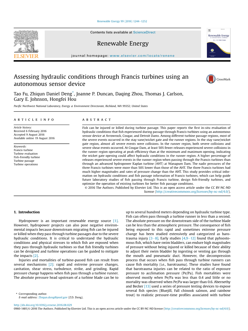 Assessing Hydraulic Conditions Through Francis Turbines Using an Autonomous Sensor Device