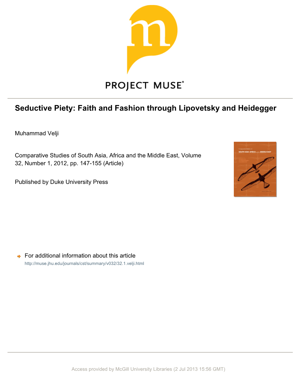 Seductive Piety: Faith and Fashion Through Lipovetsky and Heidegger