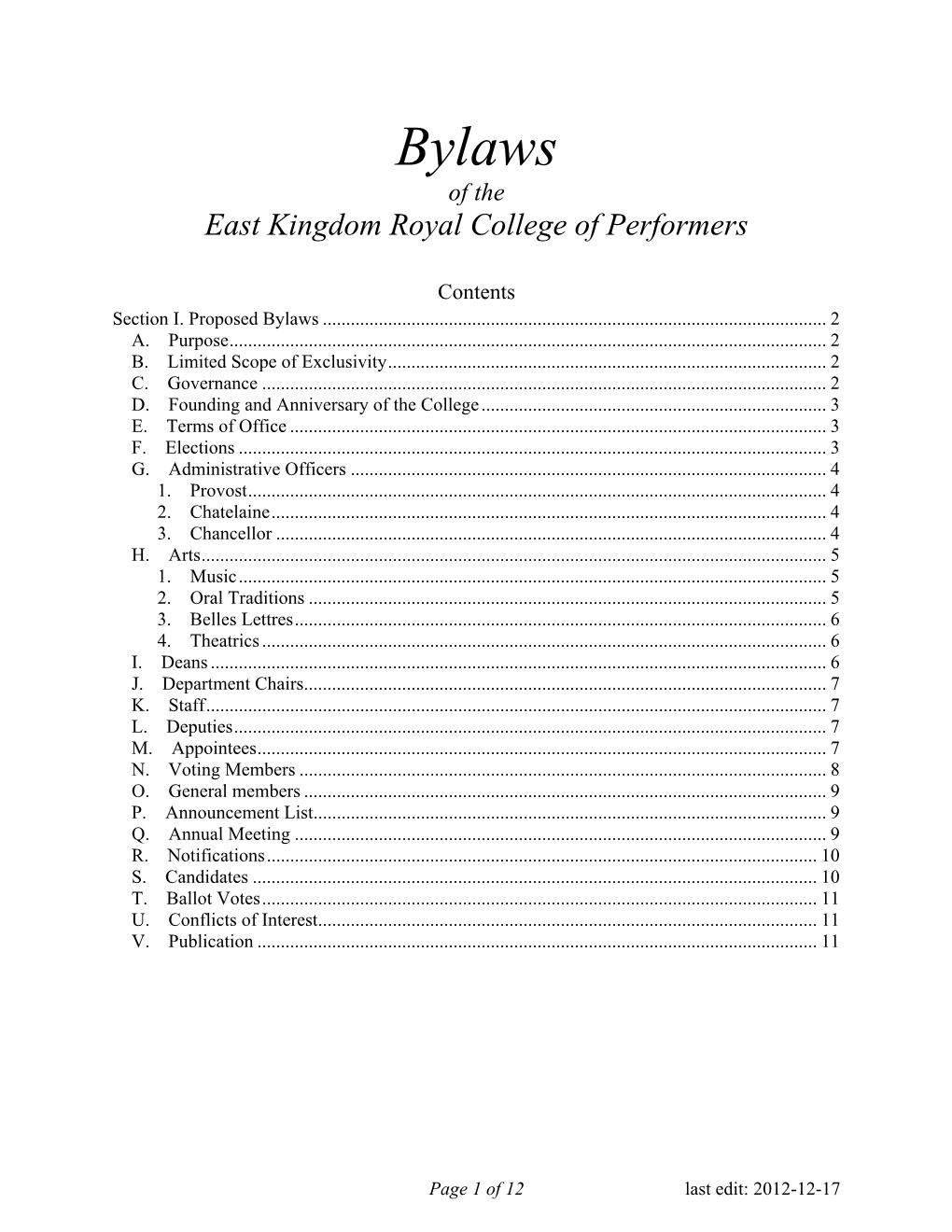 Bylaws of the East Kingdom Royal College of Performers