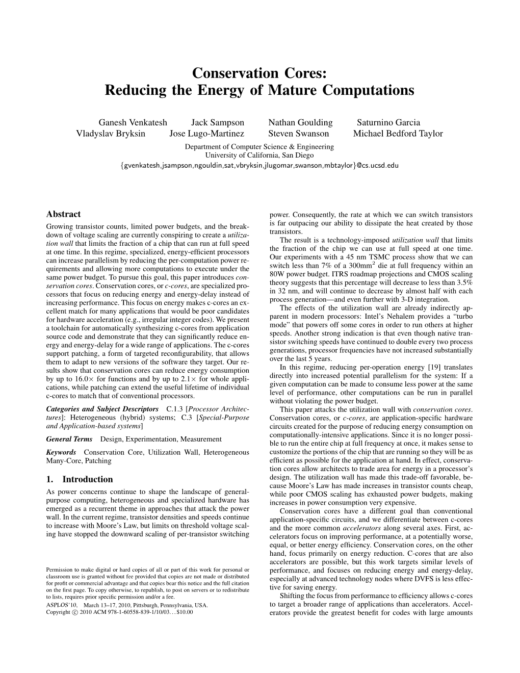 Conservation Cores: Reducing the Energy of Mature Computations