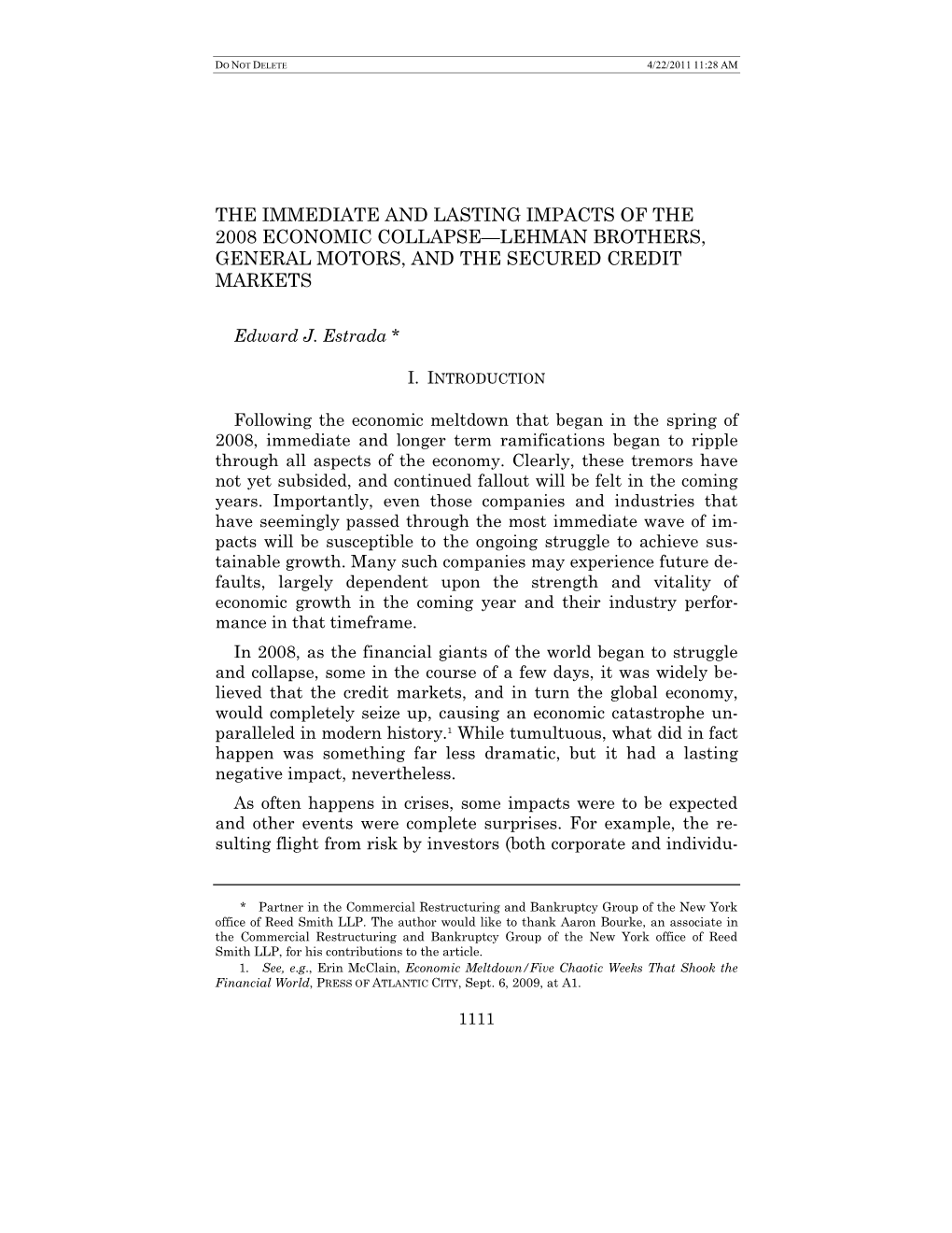 The Immediate and Lasting Impacts of the 2008 Economic Collapse—Lehman Brothers, General Motors, and the Secured Credit Markets