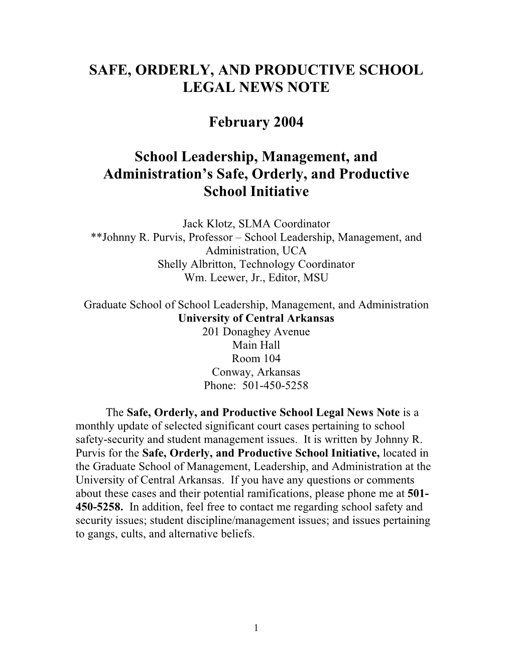 Safe, Orderly, and Productive School Legal News Note