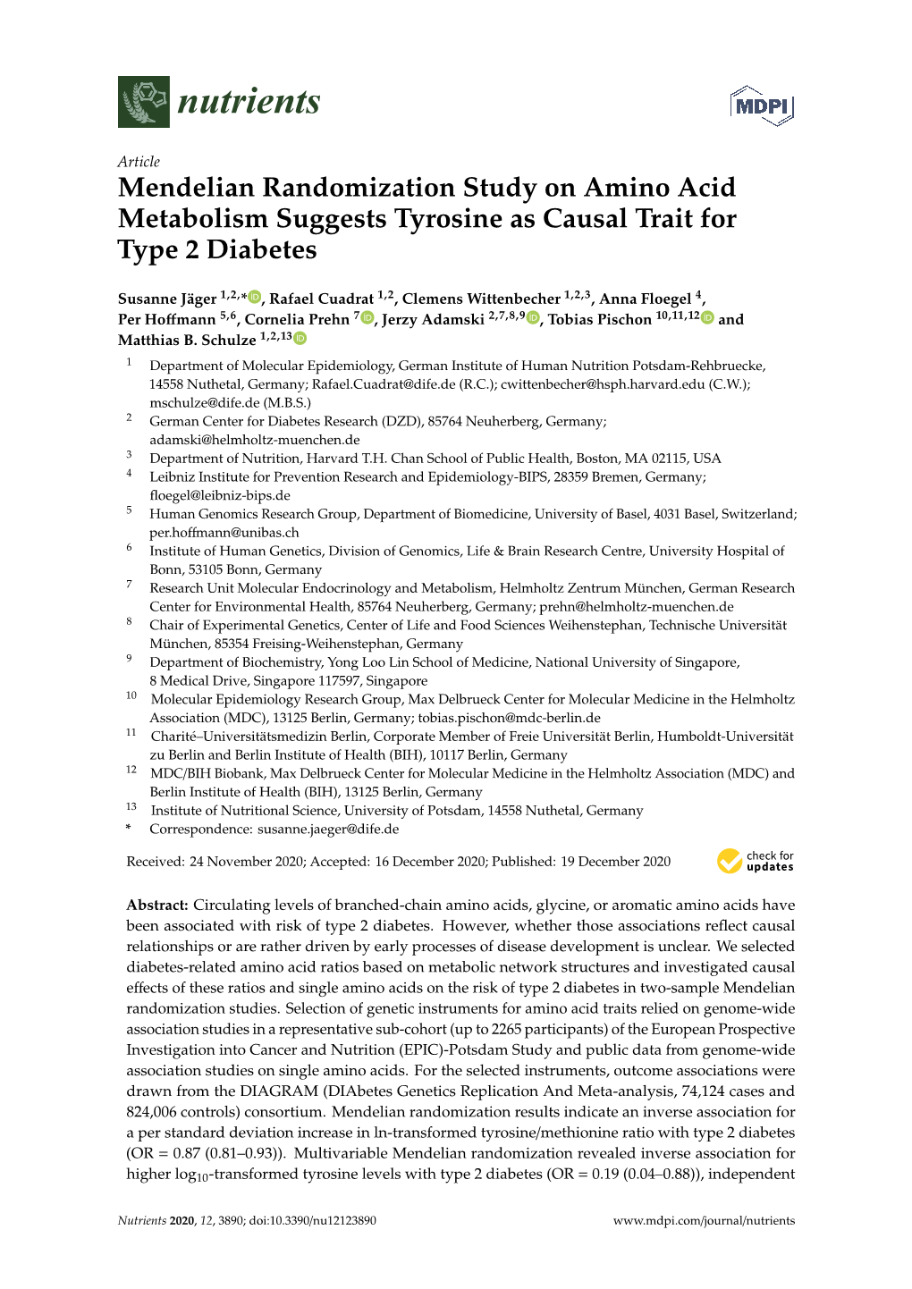 Mendelian Randomization Study on Amino Acid Metabolism Suggests Tyrosine As Causal Trait for Type 2 Diabetes