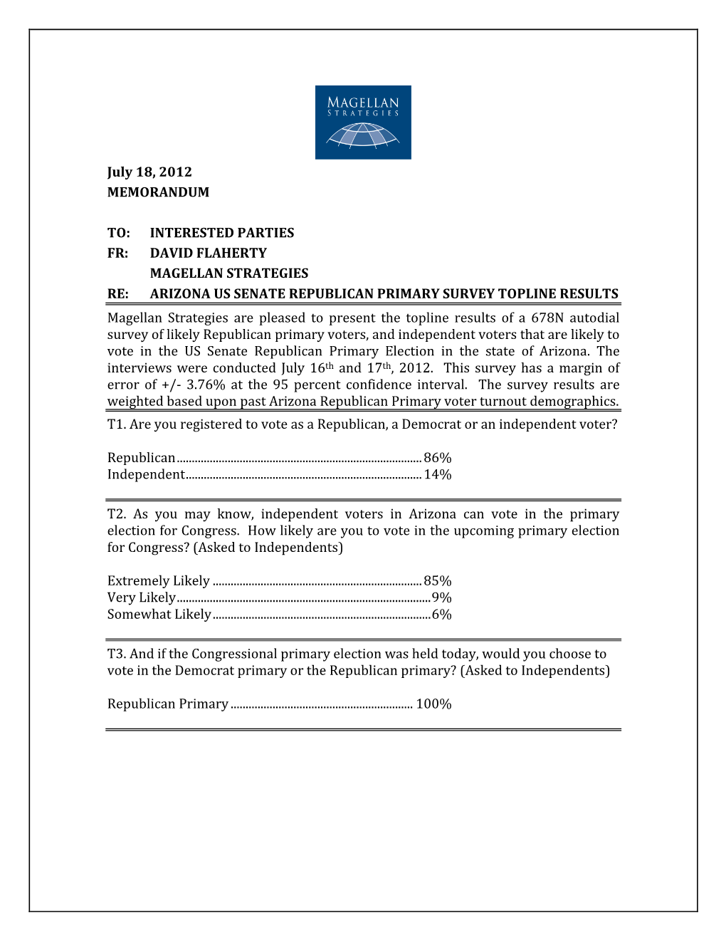 July 18, 2012 MEMORANDUM TO: INTERESTED PARTIES FR: DAVID