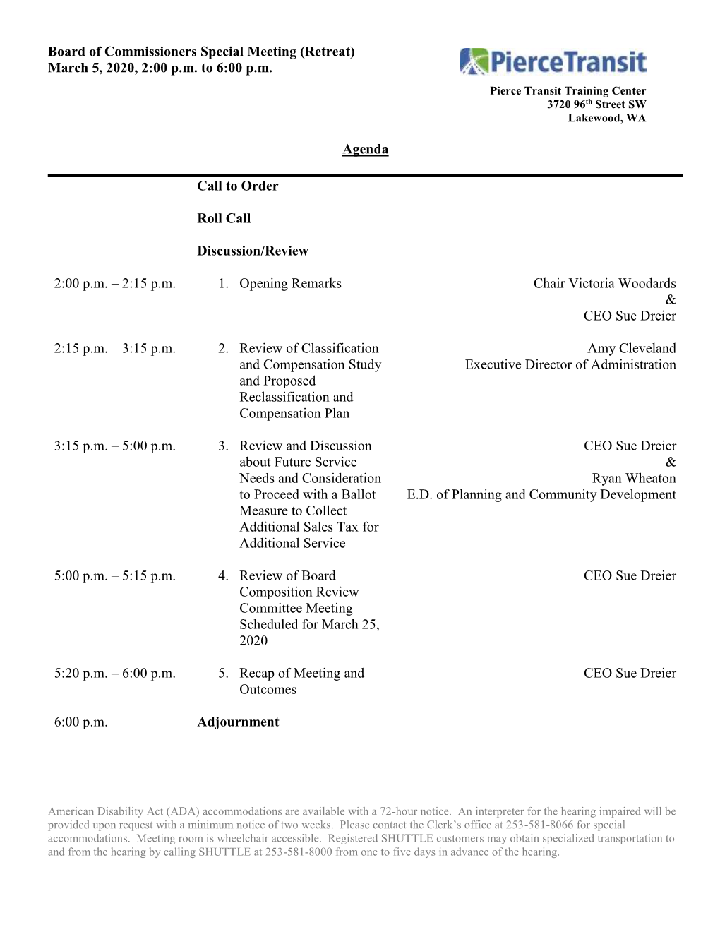 Board of Commissioners Special Meeting (Retreat) March 5, 2020, 2:00 P.M