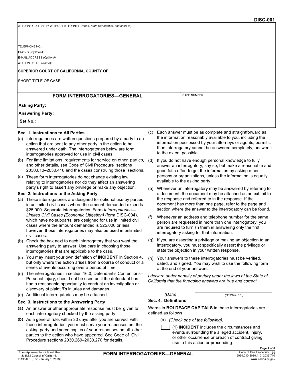 DISC-001 Form Interrogatories