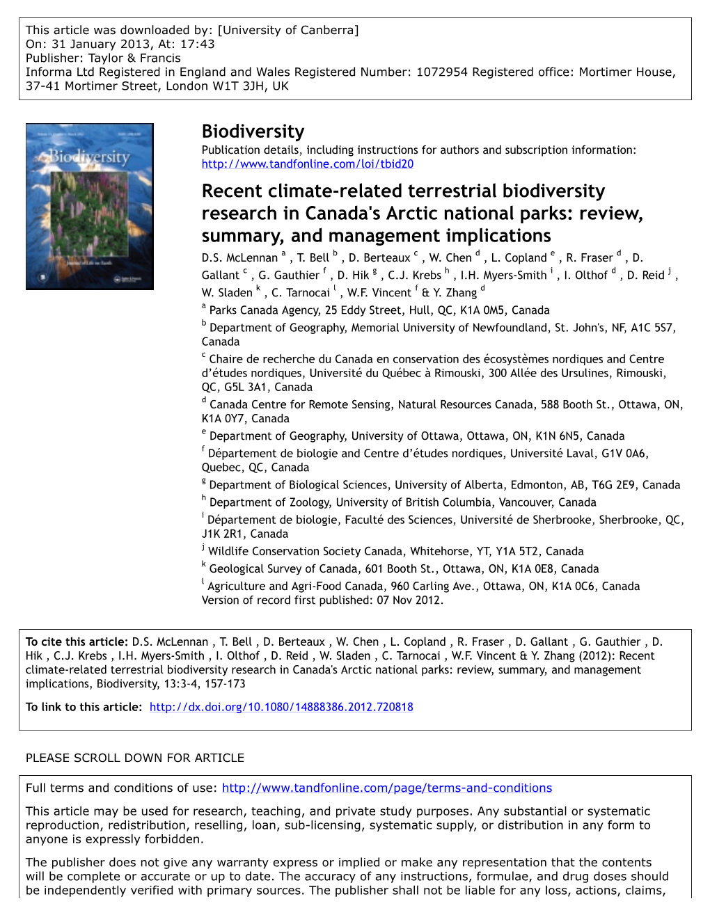 Recent Climate-Related Terrestrial Biodiversity Research in Canada's Arctic National Parks: Review, Summary, and Management Implications D.S