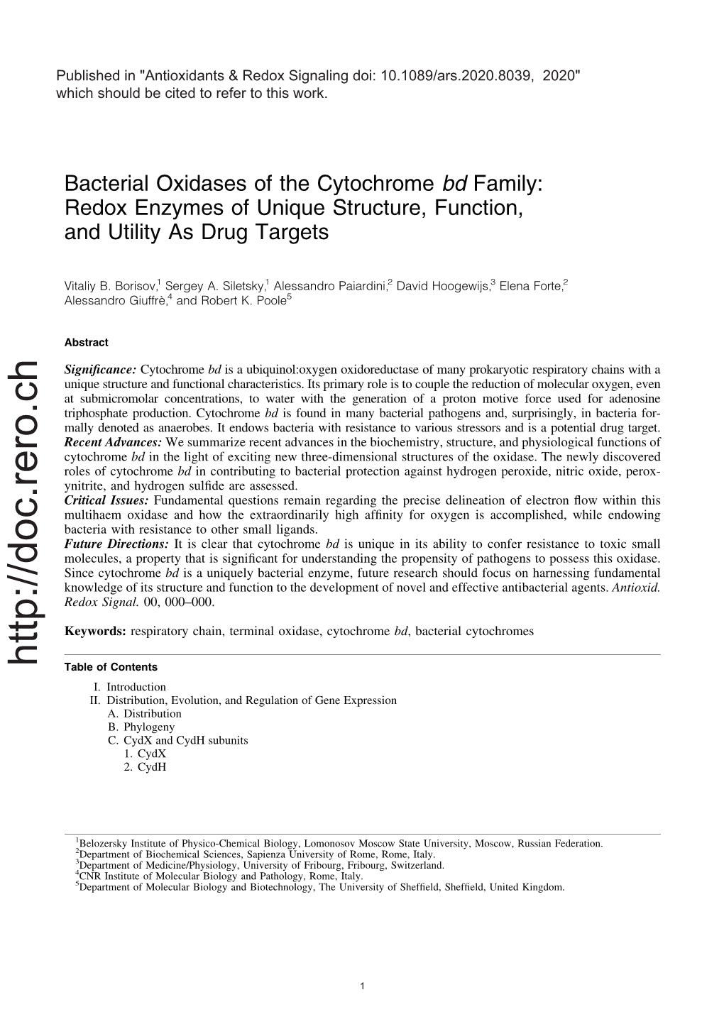 Bacterial Oxidases of the Cytochrome Bd Family: Redox Enzymes of Unique Structure, Function, and Utility As Drug Targets