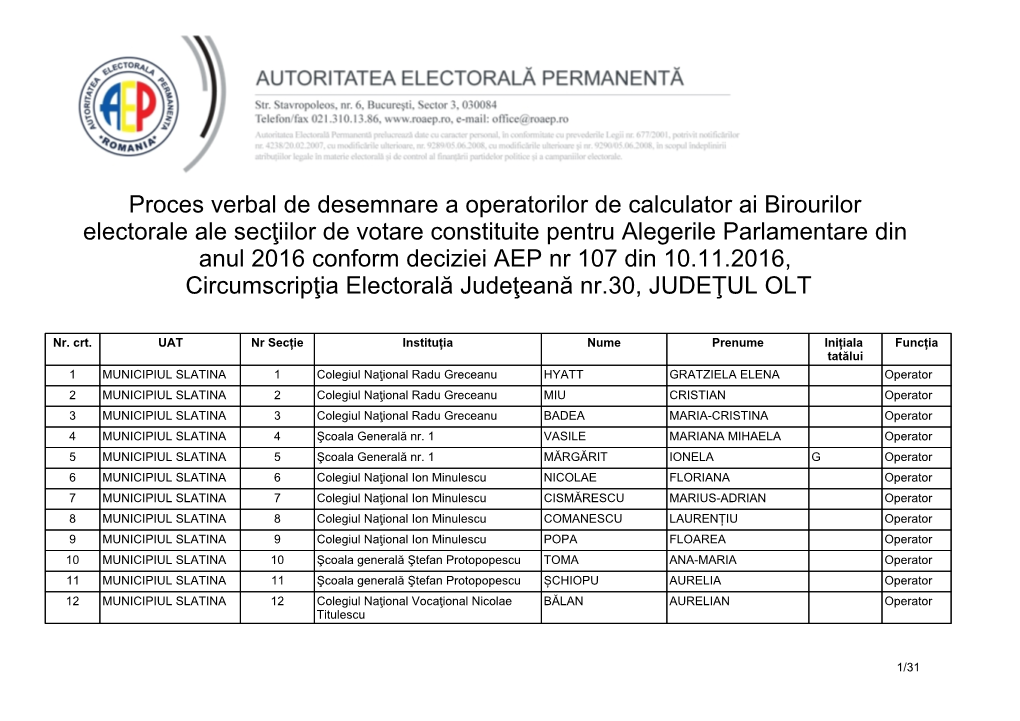 Proces Verbal De Desemnare a Operatorilor De Calculator Ai