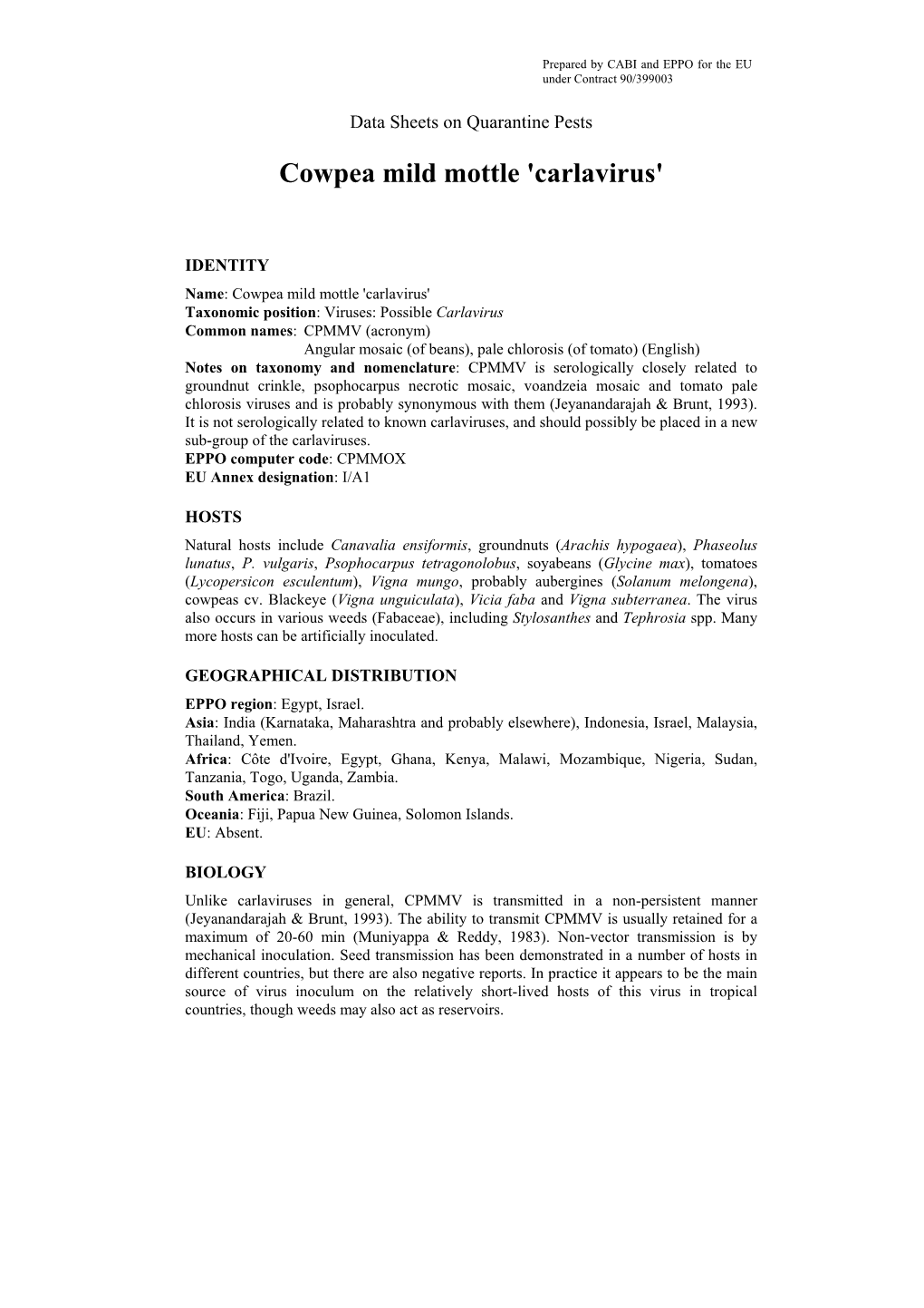 Data Sheet on Cowpea Mild Mottle 'Carlavirus'