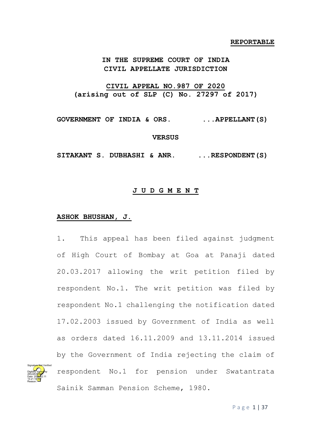 REPORTABLE in the SUPREME COURT of INDIA CIVIL APPELLATE JURISDICTION CIVIL APPEAL NO.987 of 2020 (Arising out of SLP (C) No. 2