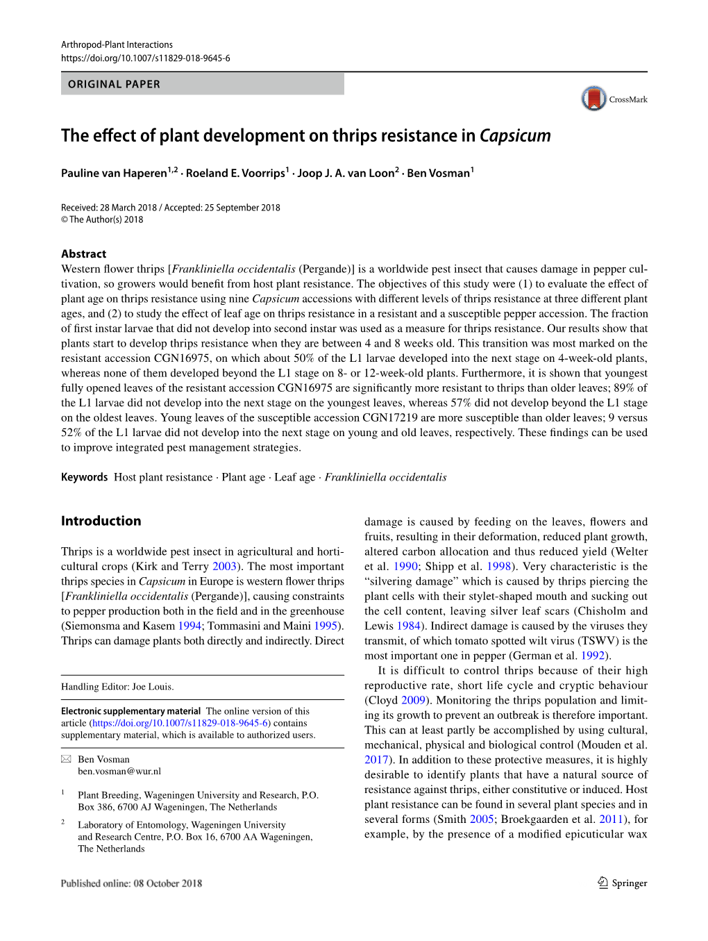 The Effect of Plant Development on Thrips Resistance in Capsicum