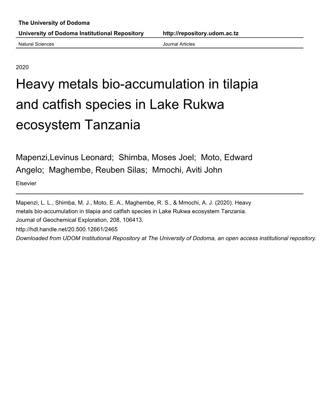 Heavy Metals Bio-Accumulation in Tilapia and Catfish Species in Lake Rukwa Ecosystem Tanzania