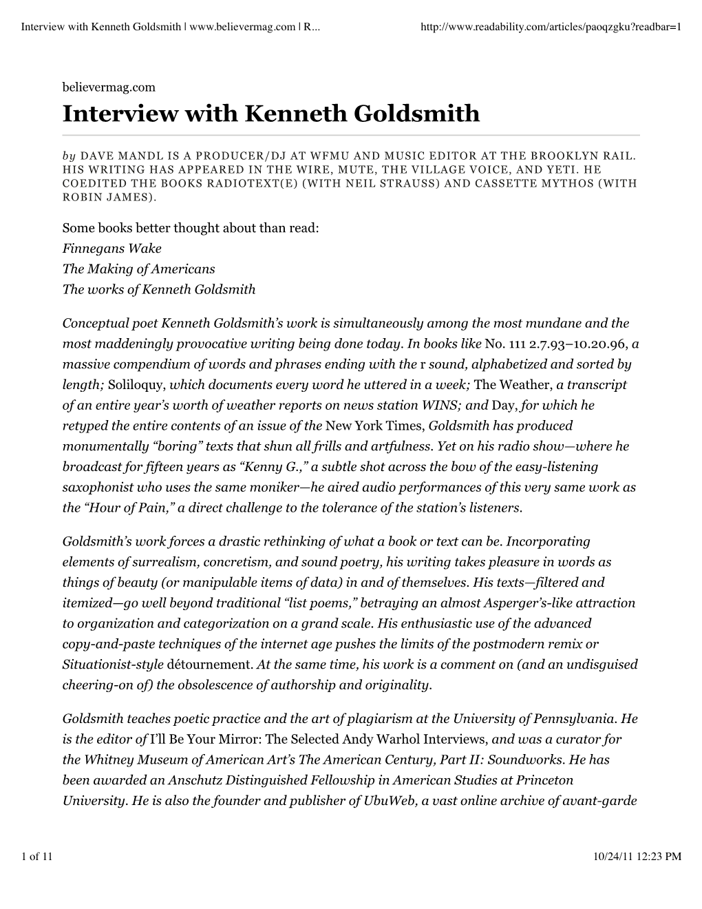 Interview with Kenneth Goldsmith | | R