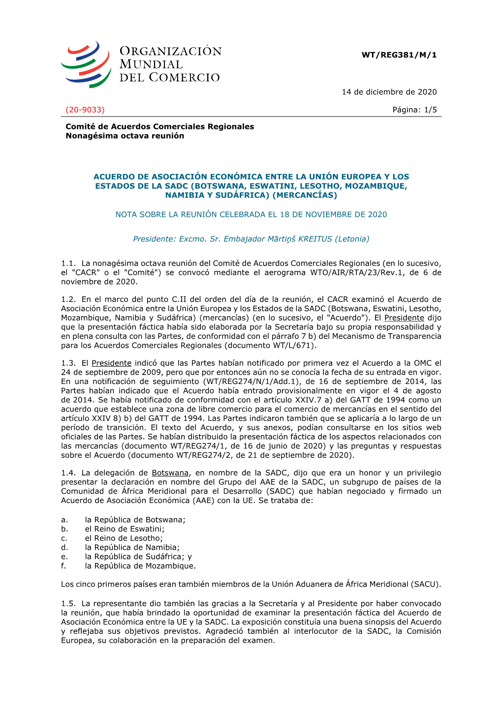WT/REG381/M/1 14 De Diciembre De 2020 (20-9033) Página: 1/5 Comité De Acuerdos Comerciales Regionales Nonagésima Octava Reuni
