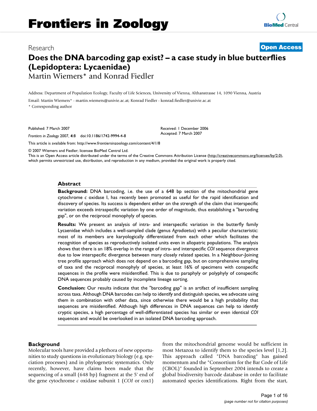 Frontiers in Zoology Biomed Central