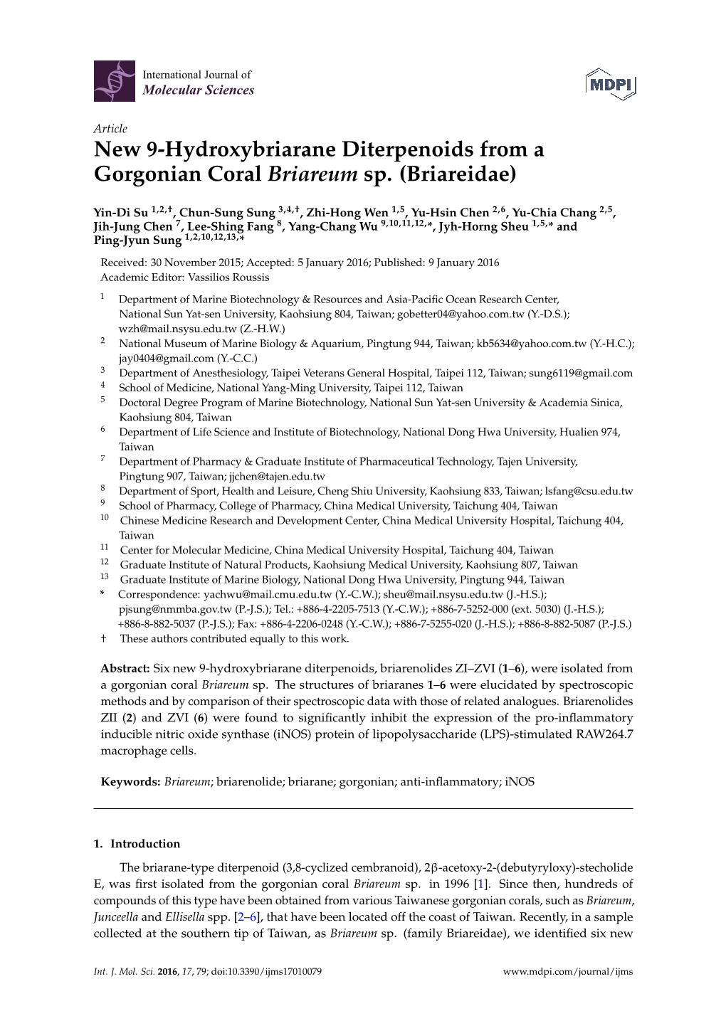 New 9-Hydroxybriarane Diterpenoids from a Gorgonian Coral Briareum Sp