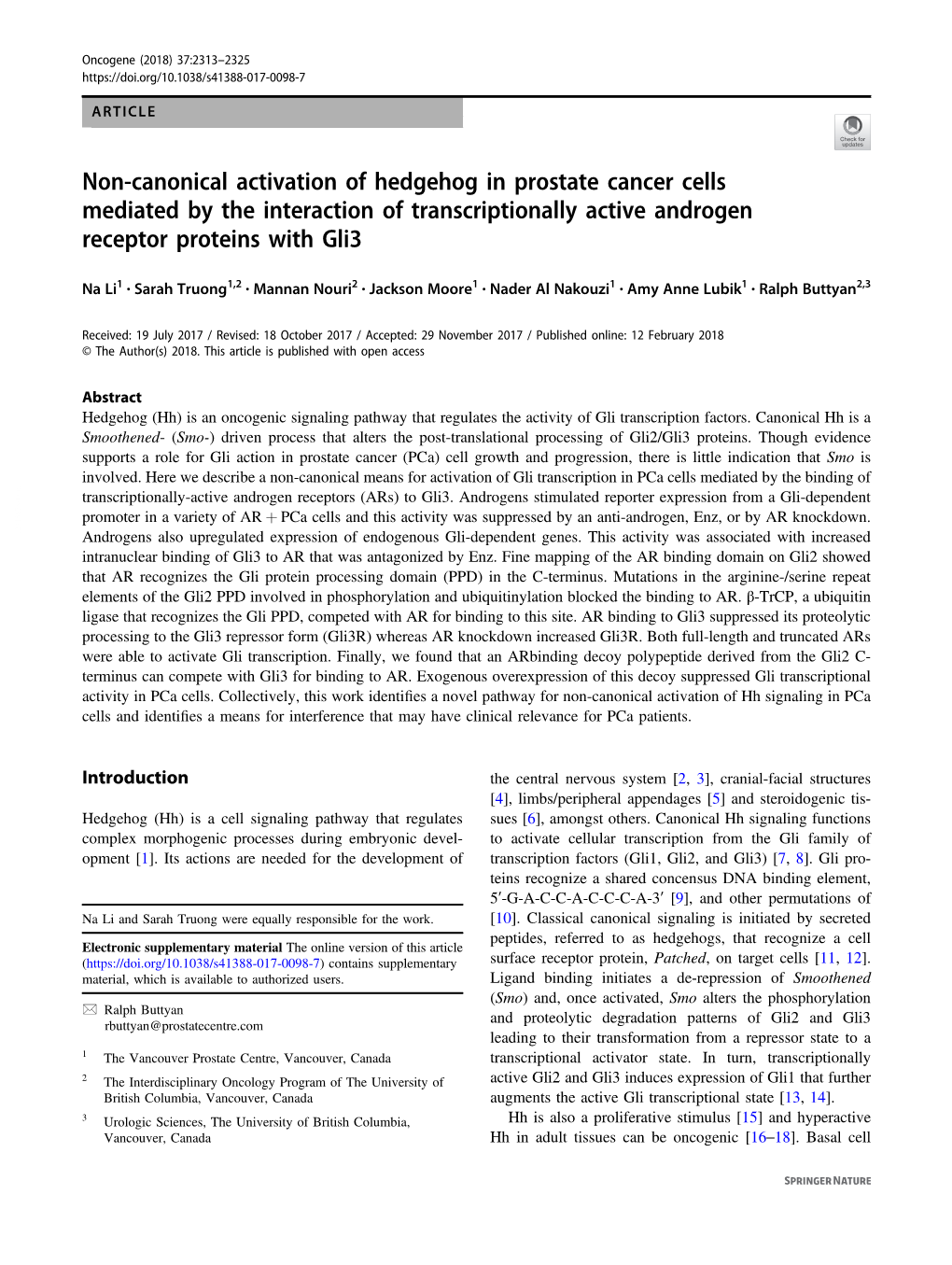 Non-Canonical Activation of Hedgehog in Prostate Cancer Cells Mediated by the Interaction of Transcriptionally Active Androgen Receptor Proteins with Gli3