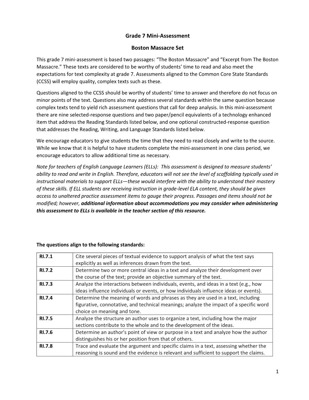 Grade 7 Mini-Assessment Boston Massacre Set