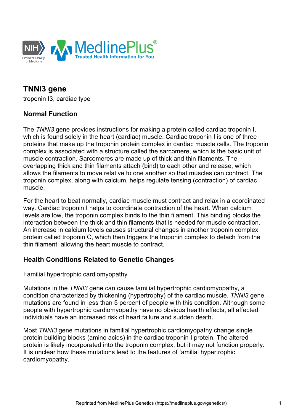 TNNI3 Gene Troponin I3, Cardiac Type