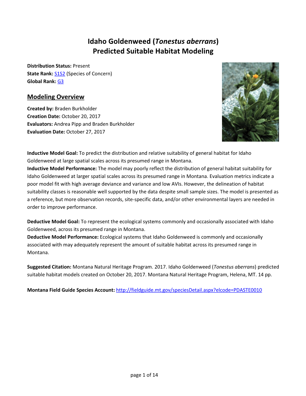 Idaho Goldenweed (Tonestus Aberrans) Predicted Suitable Habitat Modeling