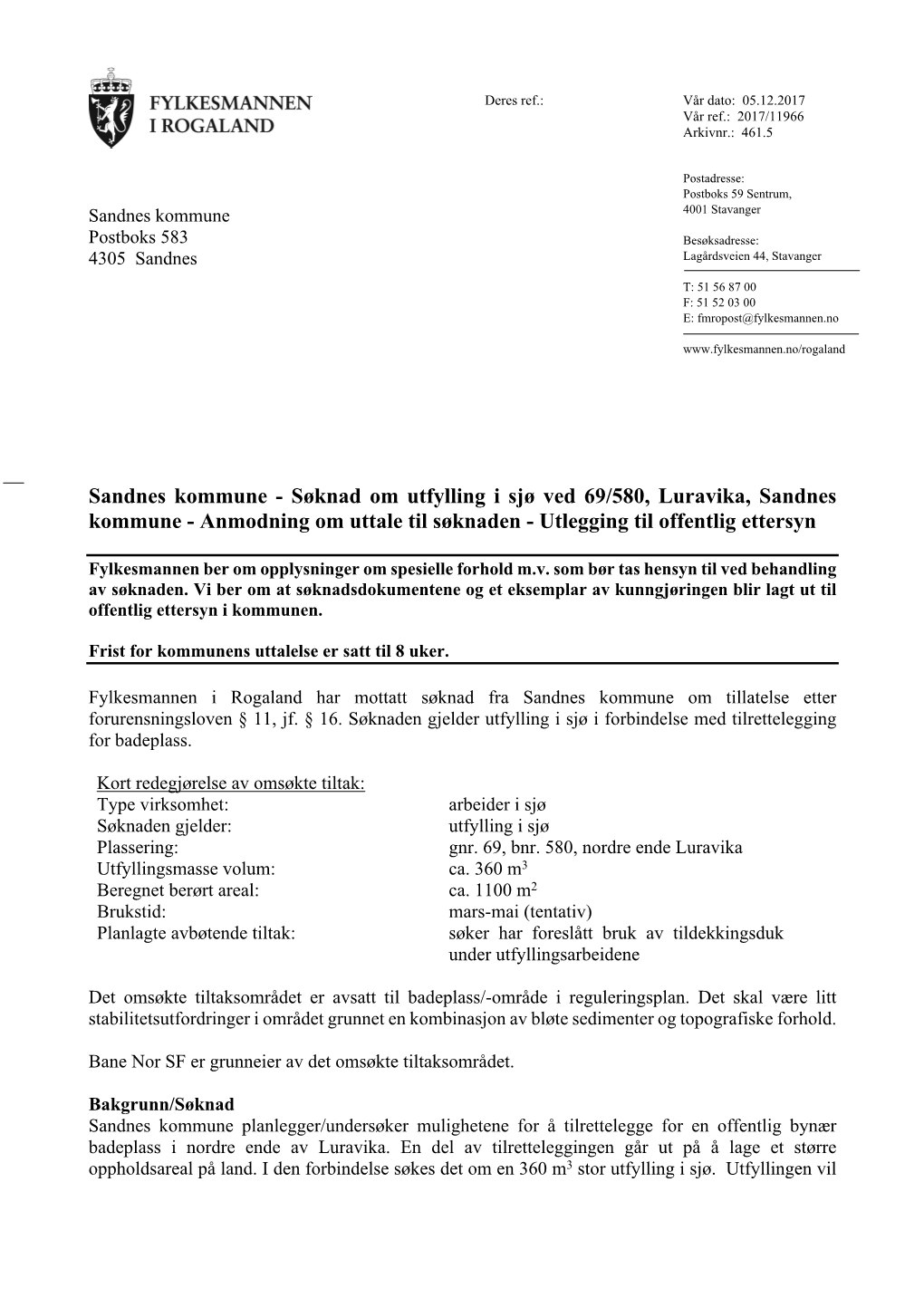 Søknad Om Utfylling I Sjø Ved 69/580, Luravika, Sandnes Kommune - Anmodning Om Uttale Til Søknaden - Utlegging Til Offentlig Ettersyn