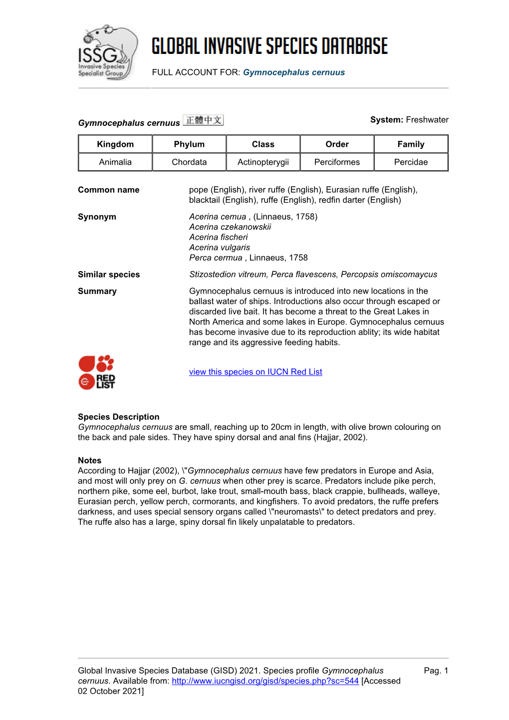 (GISD) 2021. Species Profile Gymnocephalus Cernuus