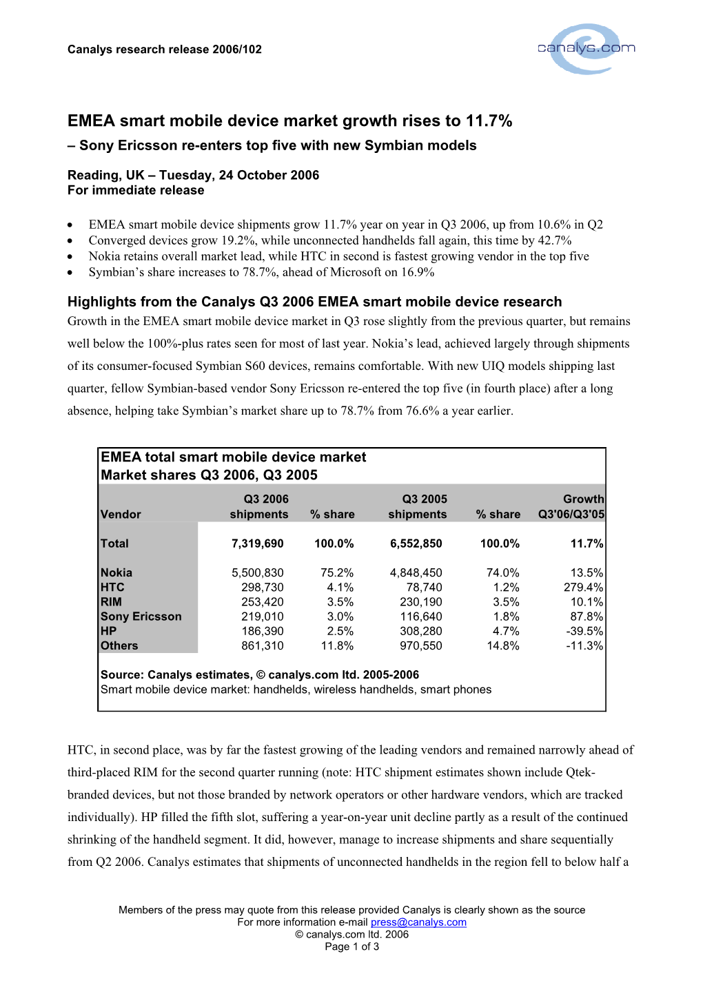 EMEA Smart Mobile Device Market Growth Rises to 11.7% – Sony Ericsson Re-Enters Top Five with New Symbian Models