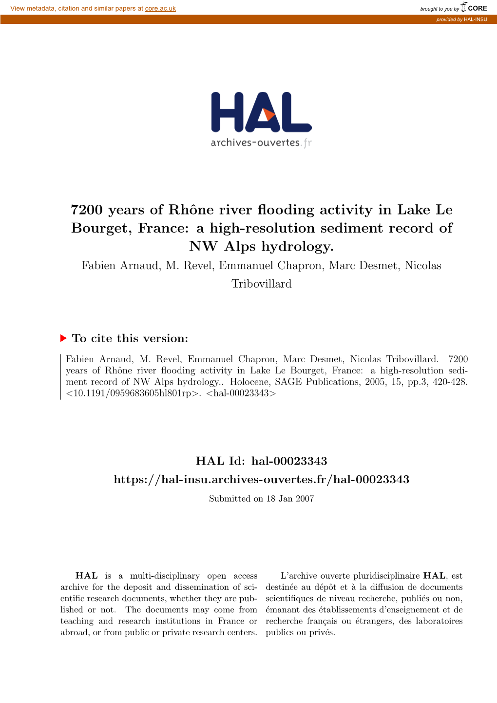 7200 Years of Rhône River Flooding Activity in Lake Le Bourget, France