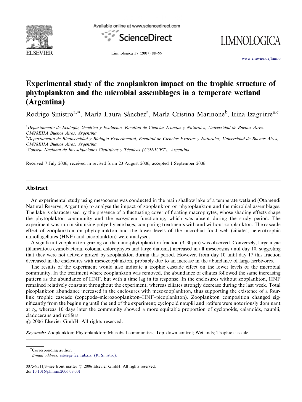 Experimental Study of the Zooplankton Impact on the Trophic Structure of Phytoplankton and the Microbial Assemblages in a Temper