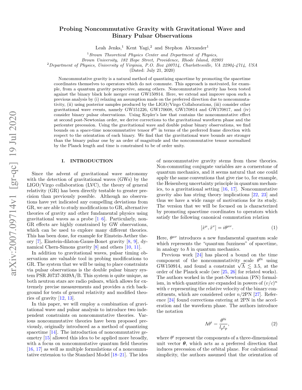 Arxiv:2007.09714V1 [Gr-Qc] 19 Jul 2020 Tem PSR J0737-3039A/B