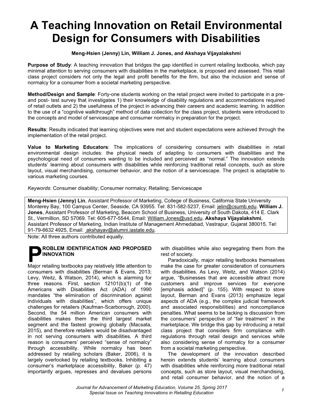 A Teaching Innovation on Retail Environmental Design for Consumers with Disabilities