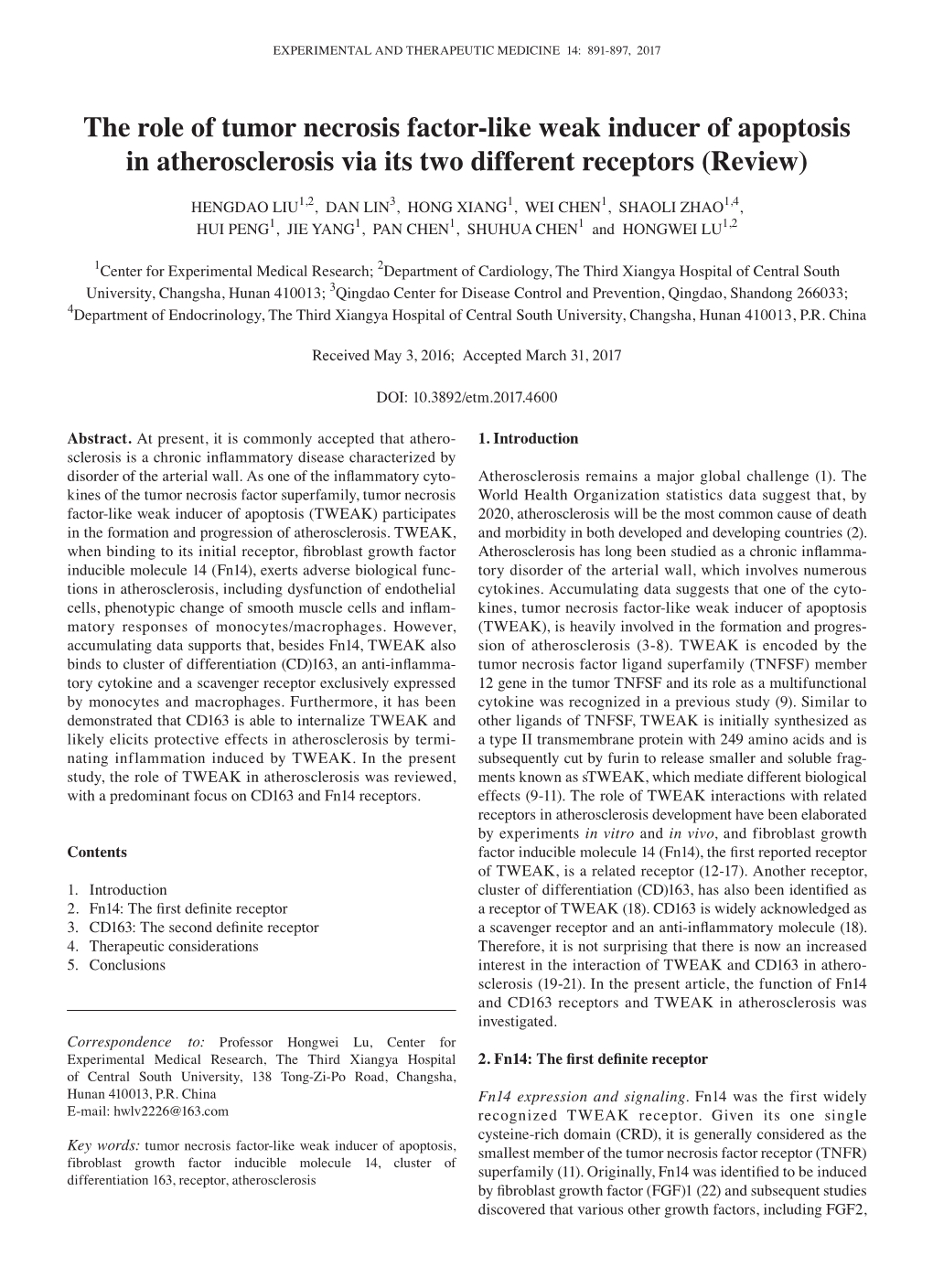 The Role of Tumor Necrosis Factor-Like Weak Inducer of Apoptosis in Atherosclerosis Via Its Two Different Receptors (Review)