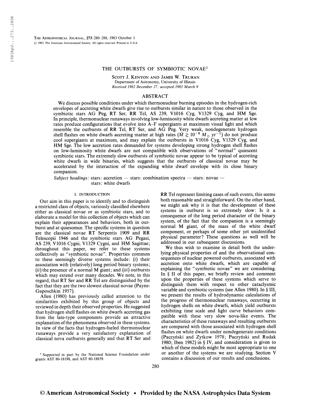 1983Apj. . .273. .280K the Astrophysical Journal, 273:280-288, 1983 October 1 © 1983. the American Astronomical Society. All Ri