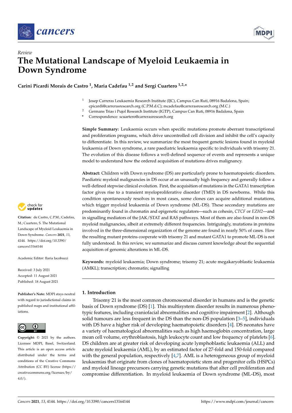 The Mutational Landscape of Myeloid Leukaemia in Down Syndrome