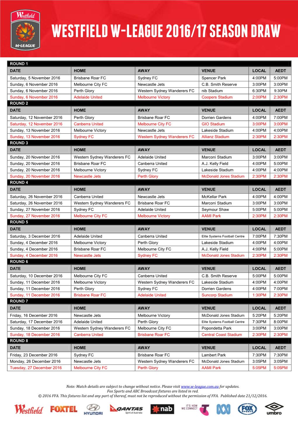 Westfield W-League 2016/17 Season Draw