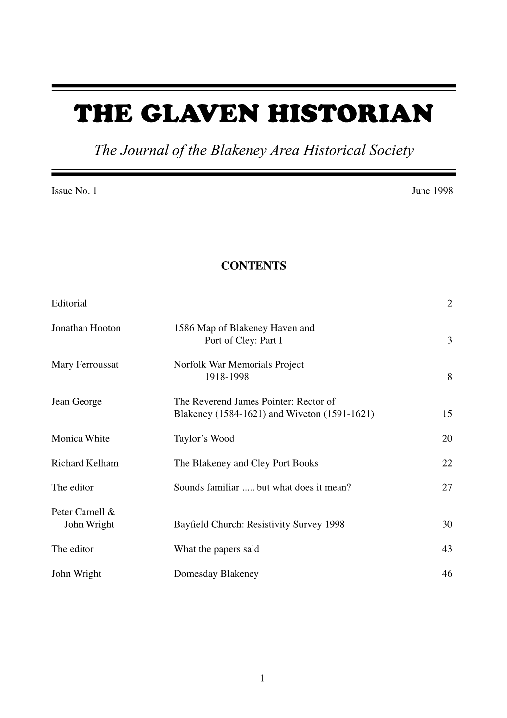 THE GLAVEN HISTORIAN the Journal of the Blakeney Area Historical Society